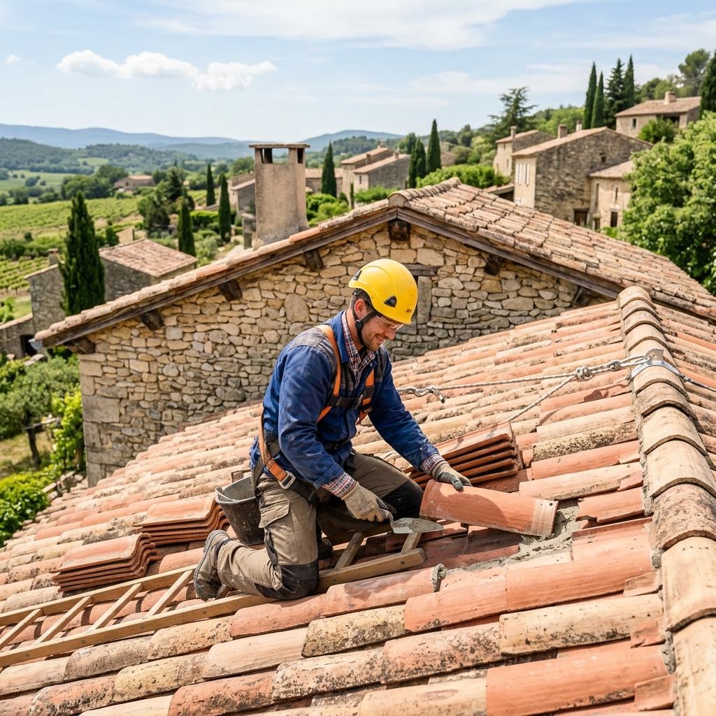 Artisan couvreur en intervention sur une toiture